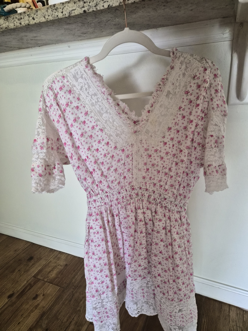 LoveShackFancy Newton White and Pink Floral Lace Cotton Mini Dress Poppy Print